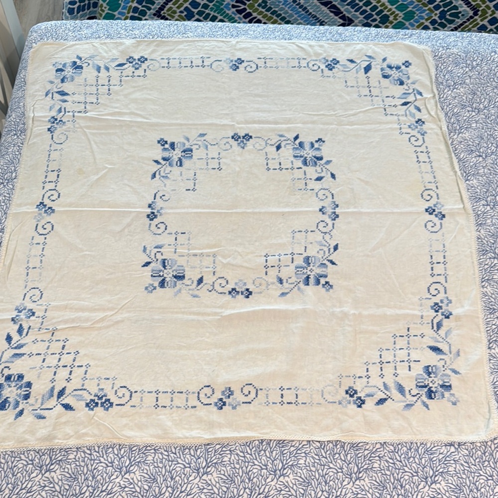 Vintage Cross stitched Cream linen with Blue accents Tablecloth